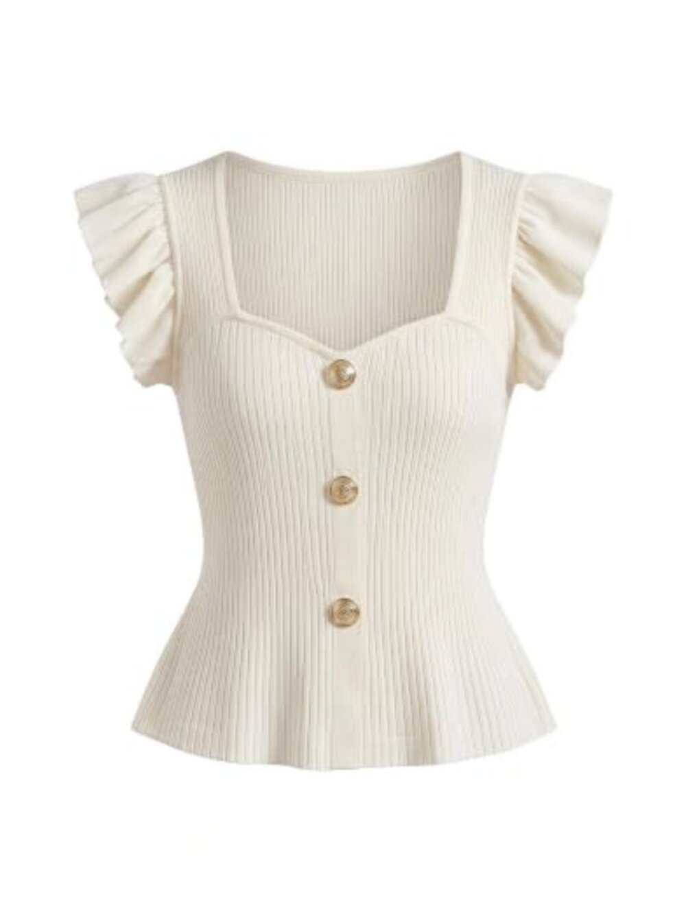 Sweetheart Neckline Ruffle Cap Sleeve Button Front Slim Fit Knit Top Dressy
